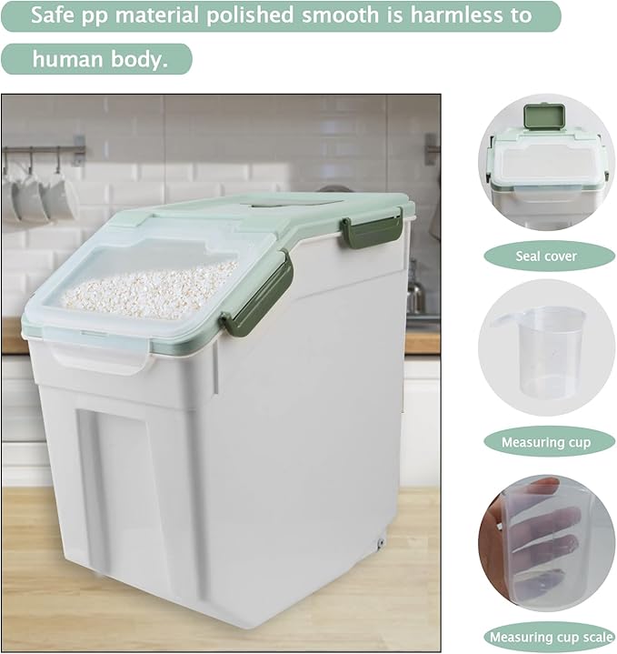 AnRui Airtight Flour Storage Container 25lb, Plastic Grain Storage Bucket, Rice Cereal Dispenser Organizer Box with Lid, Cat Dog Food Storage Bin with Measuring Cup, Scoop, Wheels, 2Pcs Green
