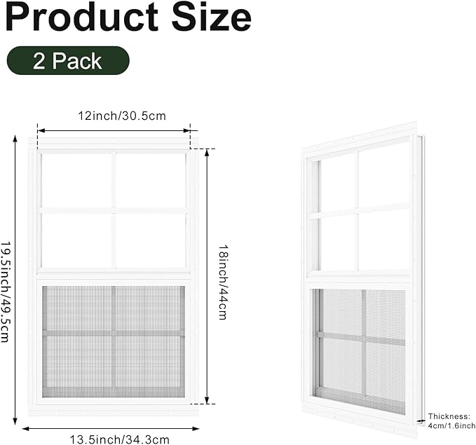 2 Pack Chicken Coop Windows 12" x 18", Sliding Shed Windows with Tempered Glass, Flush Mount Small Windows for Playhouse, Garage, Household Use