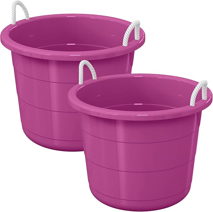 Life Story Open Storage Bucket, Round Plastic Container with Rope Handles, 17 Gallon, Purple, 2 Pack