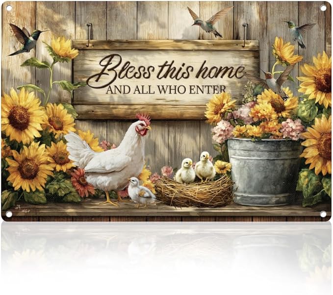 Farmhouse Chicken Coop Retro Wall Decor Metal Tin Sign 8" x 12" Farm Hen Hatching Sunflower Vintage Wall Art Poster for Farmhouse Barn Garden Outdoor Clubs Decor Gift