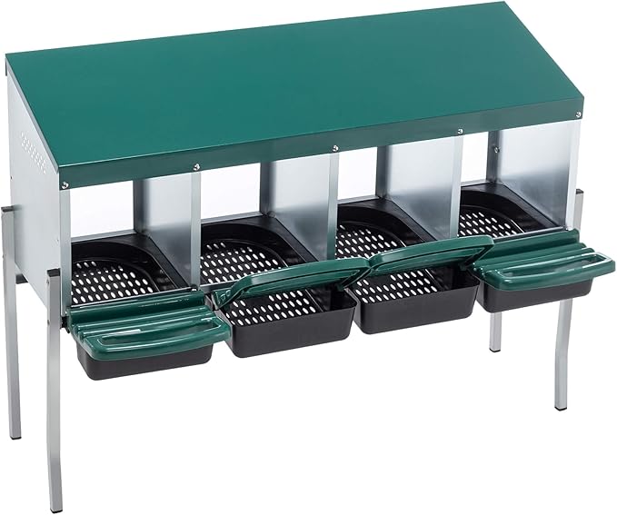 Chicken Nesting Box, 4 Compartment Roll Out Hens Nest Boxes with 4 Legs, Chicken Laying Box w/Lid Cover for Outdoor Chicken Coop Cages Farm Yard, Green (4 Holes w/Legs)
