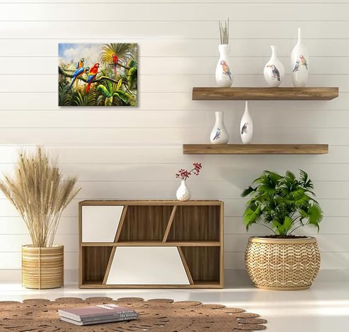 Woxfcart Tropical Macaw Parrot Canvas Wall Art, Colorful Bird Painting for Kids Children Room Bathroom Bedroom Decor, 15 x 12 Inch, Ready to Hang