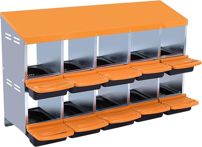 GarveeHome 2-Tier Chicken Nesting Box, 10 Compartment Metal Chicken Laying Boxes with Waterproof Roof ＆ Removable Trays for Hens, Poultry，Easy Egg Collection