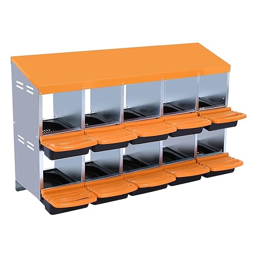 Chicken Nesting Boxes, 10 Hole Metal Chicken Laying Box with with Removable Trays and Roll Out Egg Collection for Chicken Coop, Orange
