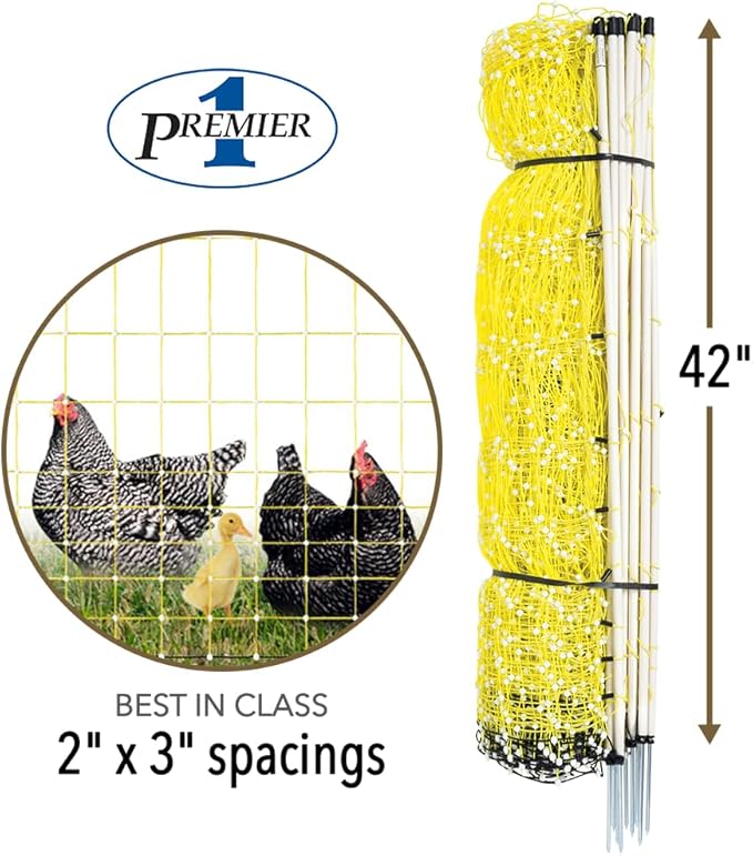 Premier 1 Portable Electric Chicken Net Fence with Built-in Posts | 42"H x 164'L | Ideal for Backyard Chickens, Ducks, Turkeys
