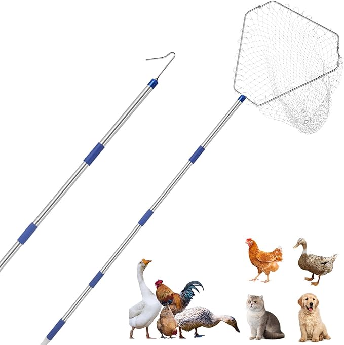 Chicken Catching Net，Adjustable 29-74 Inch Chicken Catcher Leg Hook Tool Kit,Long Handle Animal Catcher Pole Suitable for Catching Small Duck,Goose,Bird, Skunk Bat and Fishnet etc（15 x 23.2 Inch Net）