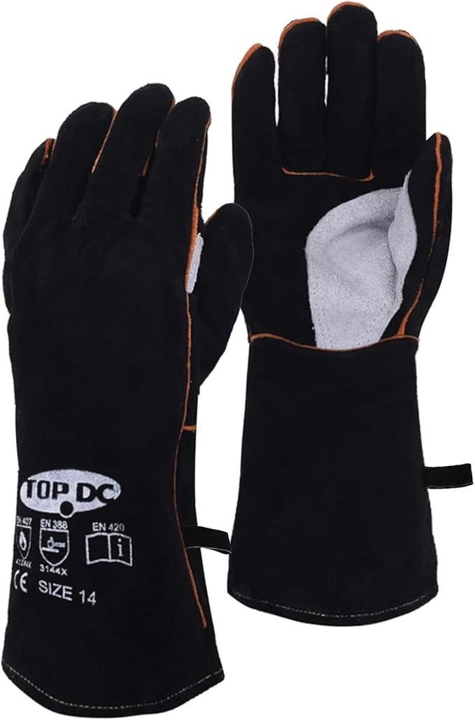 TOPDC Fireplace Gloves 14 Inches Welding Gloves Fire/Heat Resistant Leather Durable & Flexible for Wood Stove Fire Pit Campfire Grill BBQ Oven Mig/Stick Welding Furnace Handling - Christmas Gift, L