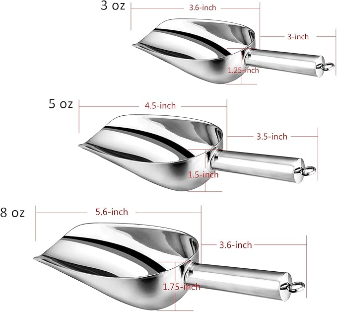 Stainless Steel Scoop Set of 3 (3-5-8 Ounce), E-far Small Metal Scoops for Candy/Flour/Dry Goods/Sugar/Ice Cube, Heavy Gauge Kitchen Utility for Canisters/Jars, Rust Free & Dishwasher
