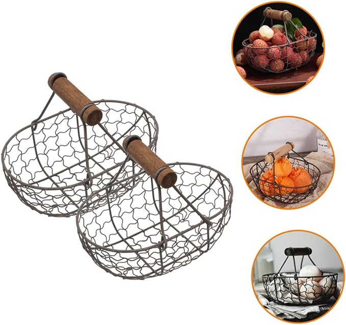2pcs Vintage Iron Wire Storage Basket with Wooden Handle, Small Multi-function Farmhouse Style Egg and Fruit Basket for Kitchen Countertop Organization