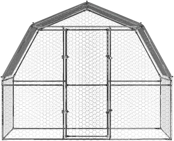 Large Silver Galvanized Steel Outdoor Animal Pen 76.8"x112.2"x90.6" Chicken Coop Rabbit Run UV-Resistant Roof Lockable Door for Backyard Farm Garden