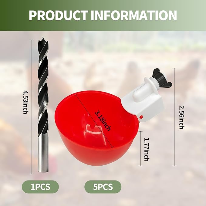 5PCS Chicken Waterer Cups, Red Automatic Poultry Watering Cups, Tee Fittings Poultry Waterer with Mounting Hole Opener,Ideal for Chicken Coop, Ducks, and Backyard Poultry