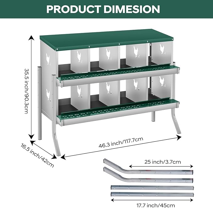 Ventilated Rustproof Design - Metal Chicken Nesting Box for Small Animals - 8 Compartments, Wall-Mounted, Roll Away, Easy Egg Collection & Cleaning - Green
