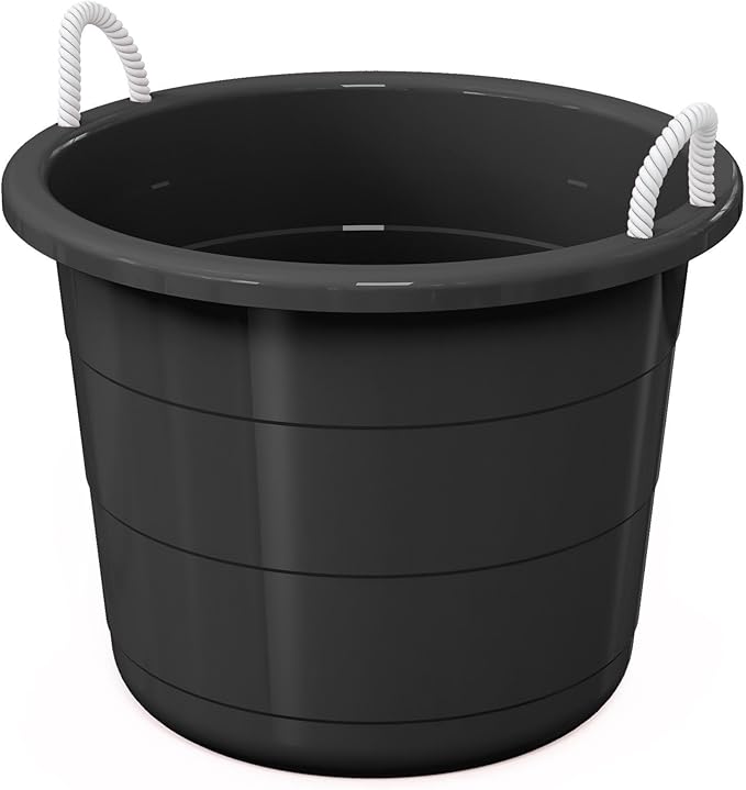 17 Gallon Heavy Duty Utility Tub, Flexible Plastic Storage Bucket with Comfortable Rope Handles, Multipurpose Black Container for Construction, Gardening, Cleaning, Car Wash and Farm Use