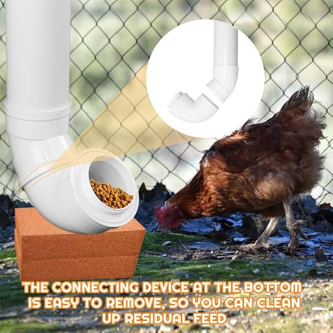 Automatic Chicken Feeder with 2 Covers Duty PVC Pipe No Waste Chicken Coop Feeder 6.6 Pounds Large Chicken Feeder Hanging Chicken Feeder