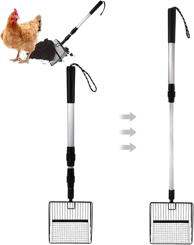 panthra Chicken Poop Scooper, Chicken Coop Scooper for Sand, Widened Shovel Head, Retractable Handle Design (23-35inch), Efficient Tool for Cleaning Poultry Manure (Black)