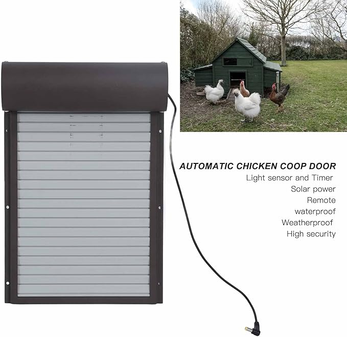 Automatic Chicken Coop Door, LED Display Controller Solar Powerd Metal Rolling Curtain Chicken House Door with Timer for Chicken Duck Poultry