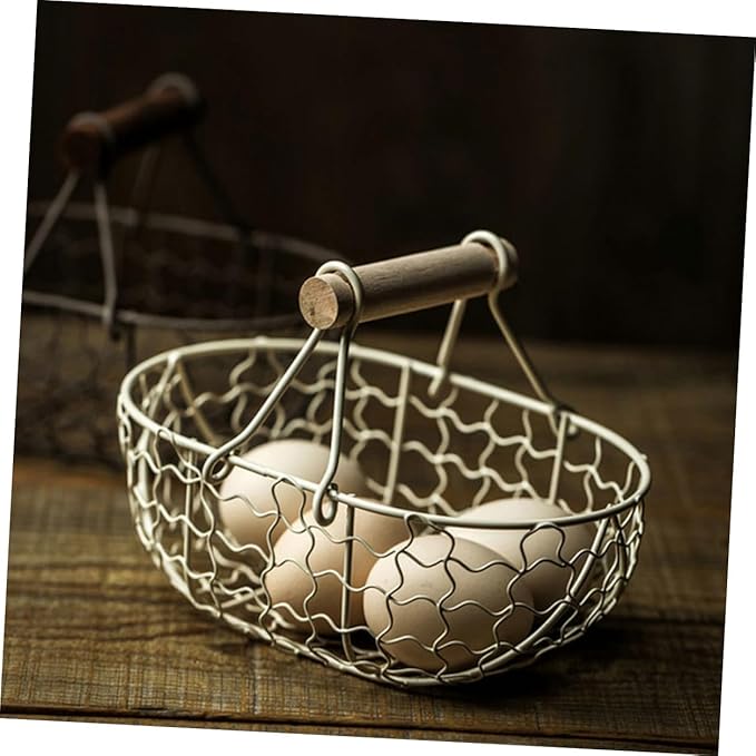 Luxshiny 2pcs White Iron Wire Mesh Basket with Wooden Handle, Farmhouse Style Fruit and Egg Storage Organizer for Kitchen Counter and Tabletop