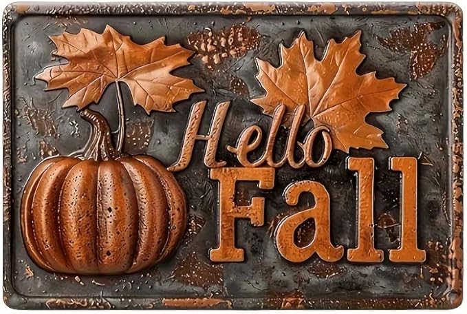 "Hello Autumn" Vintage Metal Tin Sign - Pumpkin & Fall Leaves Design, Perfect for Garage, Porch, Cafe, Bar, For Man Cave, Farmhouse & Yard Decor, 12x8 Inches