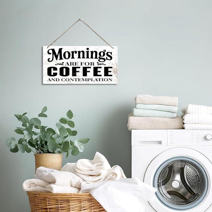 Coffee Bar Wooden Hanging Decor, Mornings are for Coffee and Contemplation Sign, Vintage Kitchen Decor, Rustic Farmhouse Cafe Decoration Accessories 12 x 6 Inches