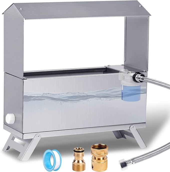 1.5 Gallon Automatic Chicken Waterer,Stainless Steel Chicken Water Feeder with Leg,Automatic Water Dispenser for Poultry Duck with Float Valve Kit,Hose and 1/2" to 3/4" GHT Adapter