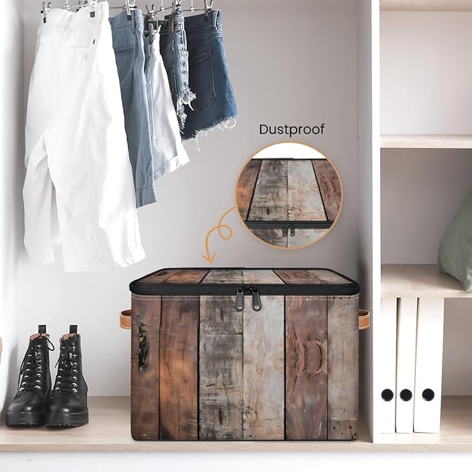 Wood Grain Board Storage Bins with Zipper Lid Fabric Storage Containers for Clothes Collapsible Closet Storage Basket with Metal Frame 2 Pack