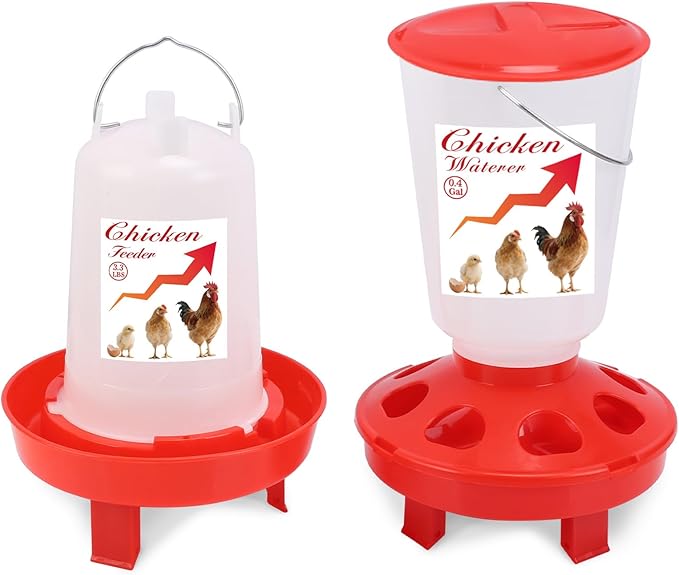 Chick Feeder and Waterer Set Top Fill 3.3LB Feeder and 0.4Gal Waterer with 3 Adjustable Heights Legs for Chicks