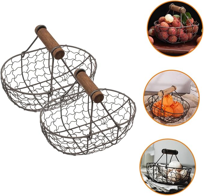 Alipis 2pcs Vintage Style Iron Wire Fruit Basket with Wooden Handle, Multi-function Kitchen Storage Organizer for Bread and Eggs, Decorative Metal Wire Basket for Home Countertop