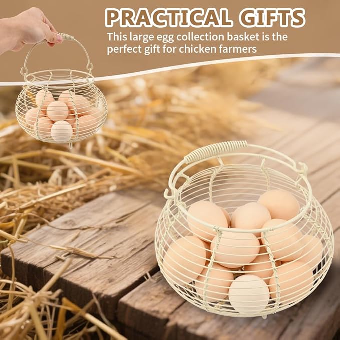 Wire Egg Basket for Gathering Fresh Eggs Holder,Retro Handle Egg Gathering Basket,Metal Eggss Holder-Countertop,Farmhouse-Eggs-Storage Container for Kitchen Easter Decor(White)