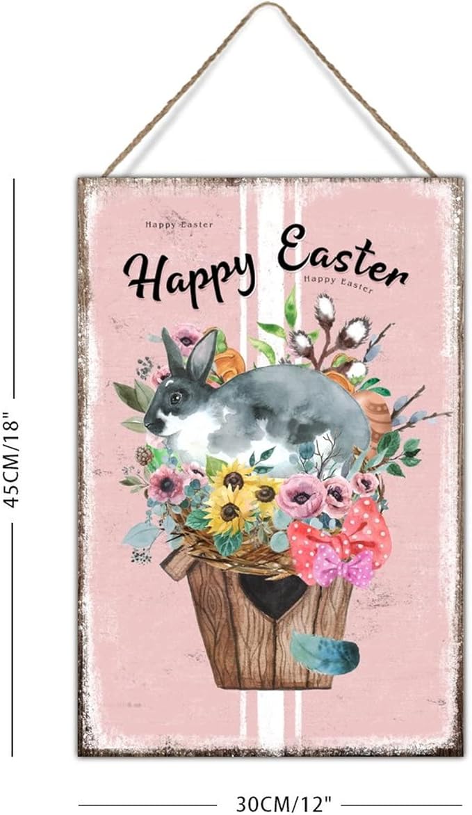 Happy Easter Flower Basket Bunny Wall Decor Wood Sign French Style Floral Pink Stripes Wood Plaque Hello Spring Happy Easter Day Wood Wall Art Signs for Kitchen 12x18in