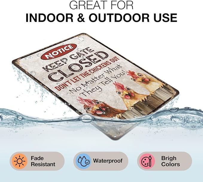 Heuhuww Funny Chicken Signs-Keep Gate Closed-Vintage Metal Warning Sign for Chicken Coop Home Farm Chicken Decor Gifts 12" x 8"(H8)