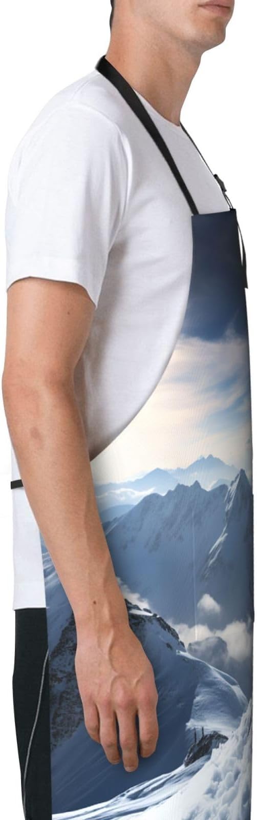 Kitchen Aprons for Men Women Waterproof Apron with 2 Pockets Skis on mountain Apron Adjustable Bib Aprons