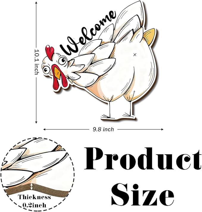 Farmhouse Wall Decor, Funny Chicken Welcome Sign, Cartoon Painting Style Farm Animal Wood Hanging Plaque, Rustic Country Wall Art for Kitchen Porch Patio or Coop Door, 9.8x10.1 Inches