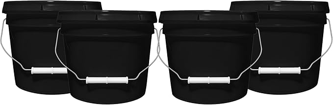 2-Gallon Bucket with Airtight Lid – Made in USA, Food Grade BPA Free Plastic, Heavy Duty Multi-Use, Metal Handle with Grip, Stackable Storage – Black, 4 Pack