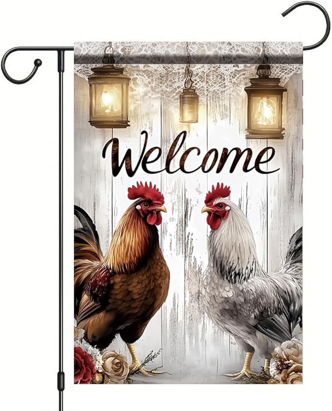 Welcome Rooster Garden Flag 12x18 Inch Double Sided Outdoor Yard Banner Farmhouse Chicken Lantern Rustic Wood Design Country Home Decoration for Porch Patio Lawn Garden Decor