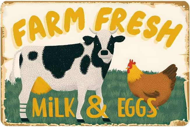 Vintage Metal Sign Farm Fresh Tin Sign Cow Chicken Milk and Eggs Rustic Decor Funny Metal Wall Art Painting Home Kitchen Farmhouse Ranch Zoo Cave Wall Decor Retro Decoration 12x8 Inch