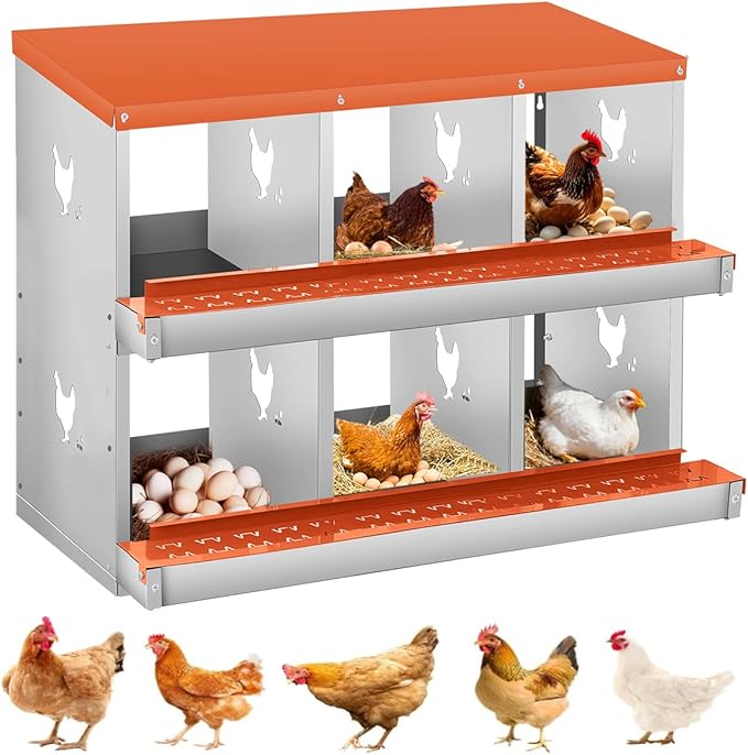 Chicken Nesting Box,6 Compartments Nesting Box for Chickens, Two-Tier Galvanized Metal Wall Mount Chicken Egg Laying Box with Large Vented Holes for Easy Egg Collection ﻿