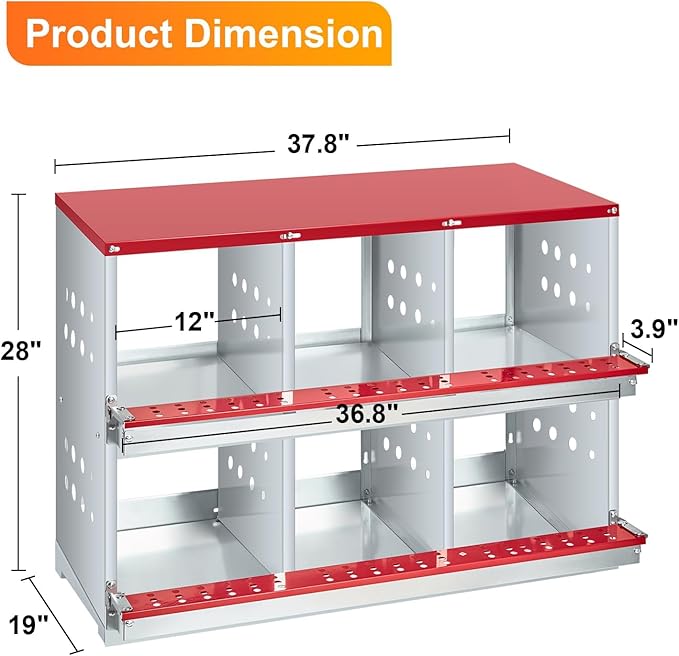 6-Compartment Chicken Nesting Box with Roll-Away Egg Collection - Metal Laying Box for Hens and Ducks, Features Pull-Out Tray & Swing Perch, Wall Mount Design for Coops