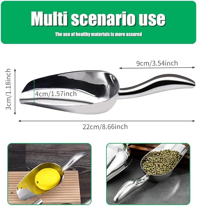 Ice Scoop for Freezer Stainless Steel Ice Flour Utility Scooper for Ice Maker Kitchen Bar Party Wedding, Heavy Duty, Dishwasher Safe 6 OZ Utility Flour Scoop (Curled Handle-2pcs)