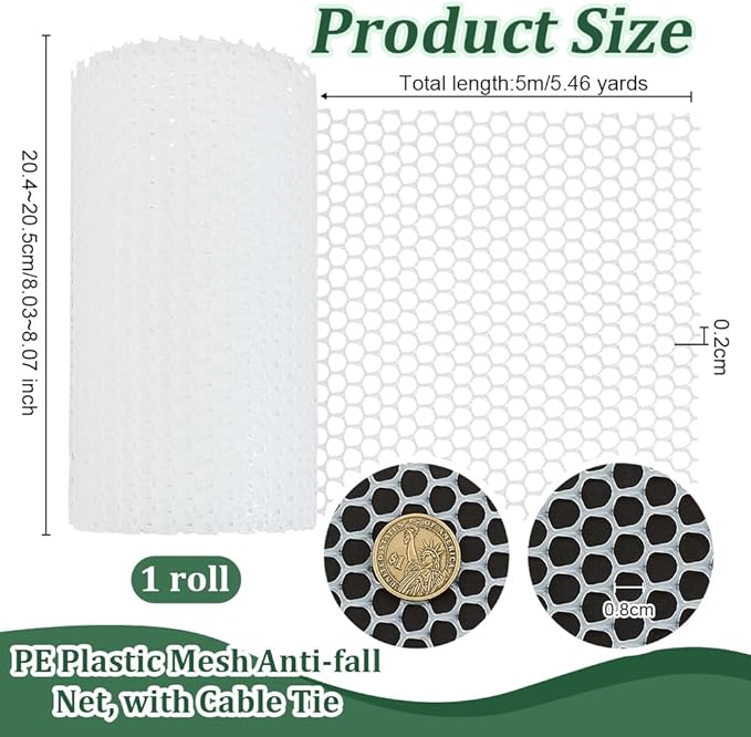 OLYCRAFT 16.4Ftx8 Inch White Plastic Chicken Wire Fence Mesh Poultry Fencing with Cable Tie Protective Fence Net Hexagonal Fencing Wire Plastic Mesh Anti-Fall Net for Gardening Floral Chicken Netting