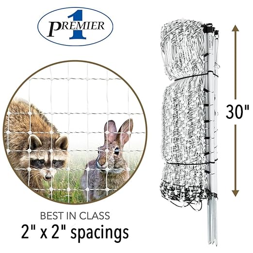 Premier 1 VersaNet® Plus, 30"H x 100'L Portable Electric Garden Net Fence with Built-in Posts | 2" x 2" Strand Spacing at Bottom to Keep Rabbits, Raccoons and Varmints Out of Gardens | White/Black