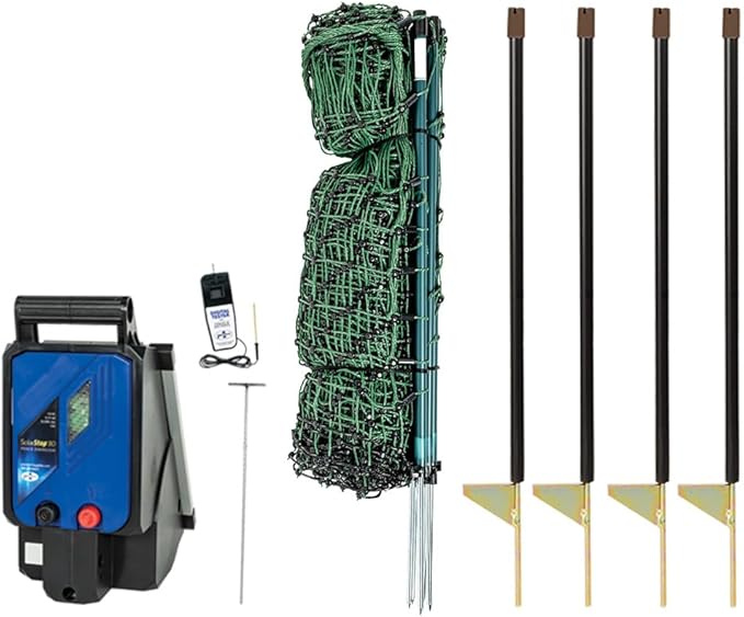 Premier 1 VersaNet® Plus, 20"H x 100'L Electric Garden Fence Starter Kit | 2" Strand Spacing at Bottom Keeps Varmints Out | Includes: Solar Energizer, FiberTuff™ Support Posts and Tester | Green/Black