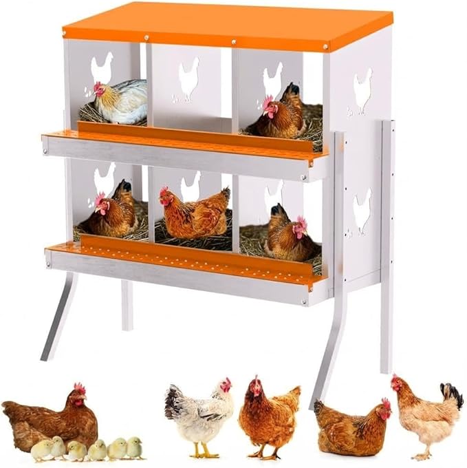 Chicken Nesting Box,6 Holes Galvanized Steel Metal Chicken Laying Box with Automatic Roll-Away Egg Collection System & Removable Tray,Wall Mount Nesting Boxes