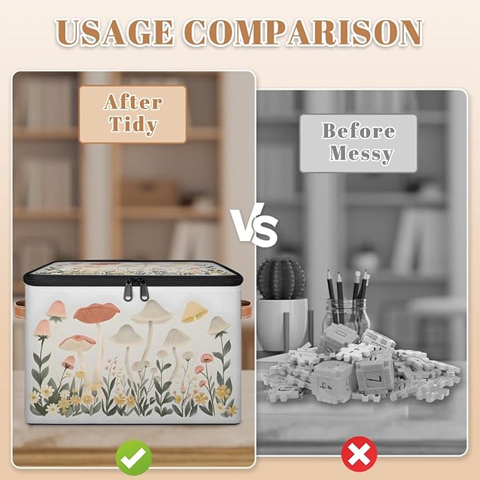 Mushroom Botanical Flower Plants Storage Bins With Lids Fabric Collapsible Storage Box with Leather Handles for Home Bedroom Foldable Closet Shelf Organizer