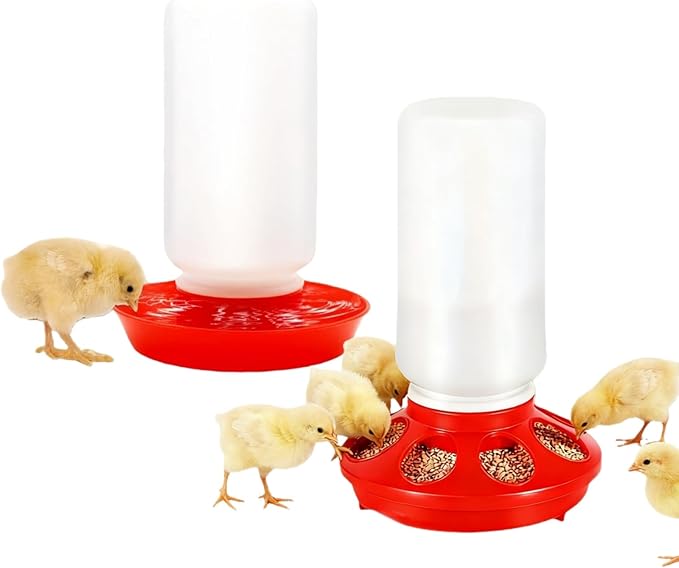 12-Hole No-Scratch & Spill-Proof Chick Feeder, Leak-Resistant Chick Waterer, and Poultry Waterer with Perches - Complete Brooder/Coop Starter Kit for Raising Poultry (C Set)