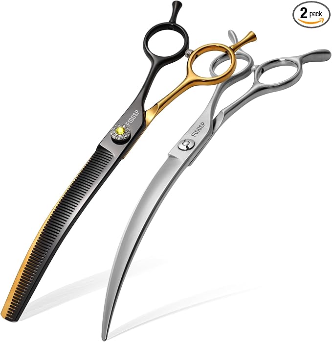 45°Curved Dog Grooming Scissors Curved Thinning Shears 2PCS Combo(Black&Gold)