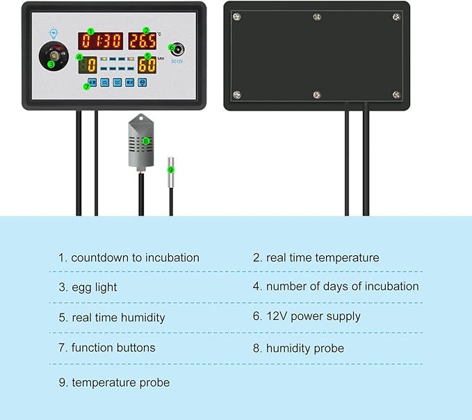 Intelligent Incubator Thermostat Controller, Digital 12V 100W for Chicken Duck Goose Quail Pigeon Parrot Peacock Eggs, ABS Shell 150x88x30mm