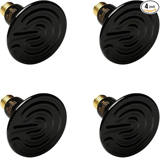 Simple Deluxe 150W Ceramic Heat Emitter Reptile Heat Lamp Bulb No Light Emitting Brooder Coop Heater for Amphibian Pet & Incubating Chicken, Black, 4-Pack