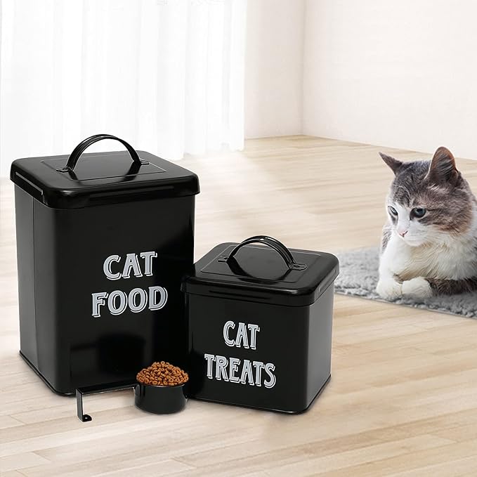 Morezi Cat Food Storage Container Farmhouse Pet Food Treats holder with Lid and Scoop, Perfect Sturdy Canister Tins for Kitchen Countertop, Shelf, Great Gift for Pet Owners - Cat Food - Black
