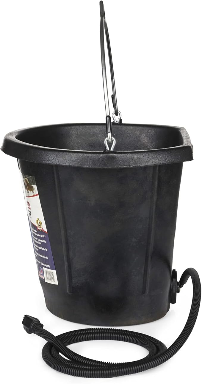 Farm Innovators FB-80R Rubber 3 Gallon Flat Back Heated Bucket with Metal Handle, Built in Thermostat, and Concealed Heating Element, 70 Watt