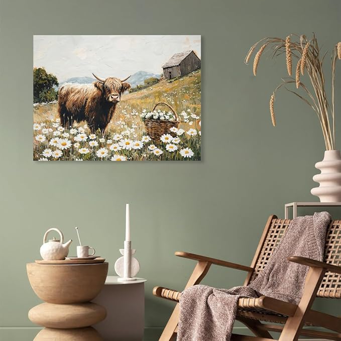 Yidepot Highland Cow Canvas Wall Art: White Flowers Farmhouse Artwork, Cow Pictures Bedroom Decor Ready to Hang 24x32inch